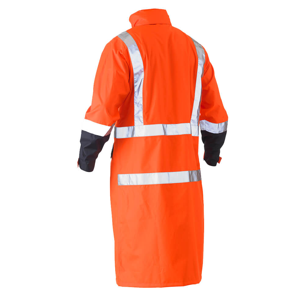 Bisley BJ6961T Hi-Vis Taped Long Rain Coat Orange Navy back with hood down