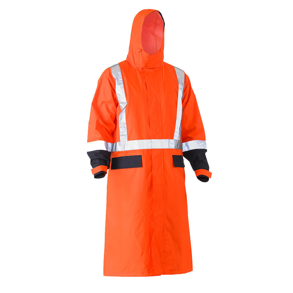 Bisley BJ6961T Hi-Vis Taped Long Rain Coat Orange Navy back with hood up