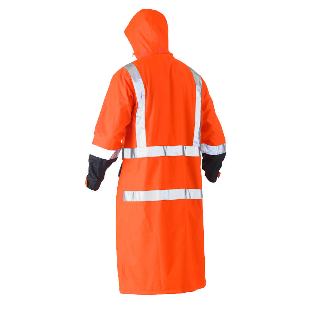 Bisley BJ6961T Hi-Vis Taped Long Rain Coat Orange Navy back with hood up