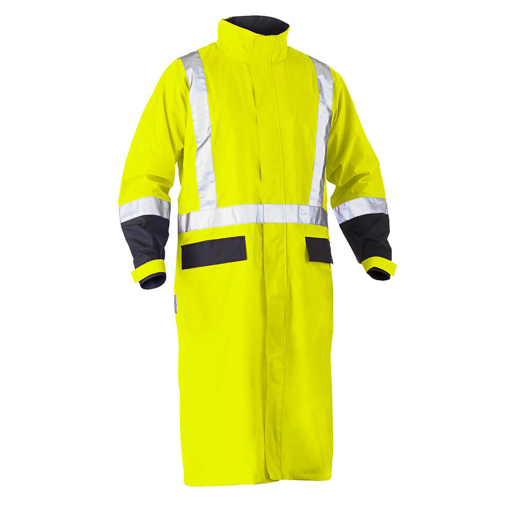 Bisley BJ6961T Hi-Vis Taped Long Rain Coat Yellow Navy front with hood down