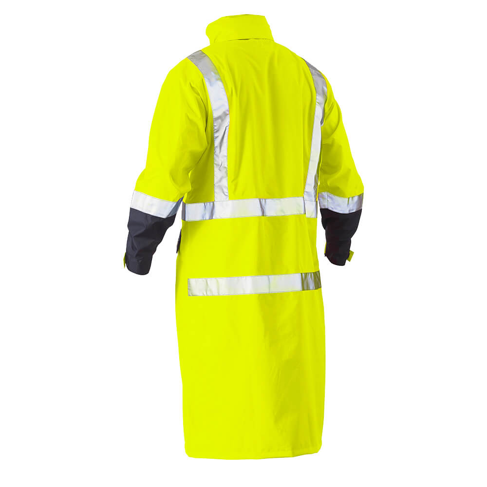 Bisley BJ6961T Hi-Vis Taped Long Rain Coat Yellow Navy back with hood down