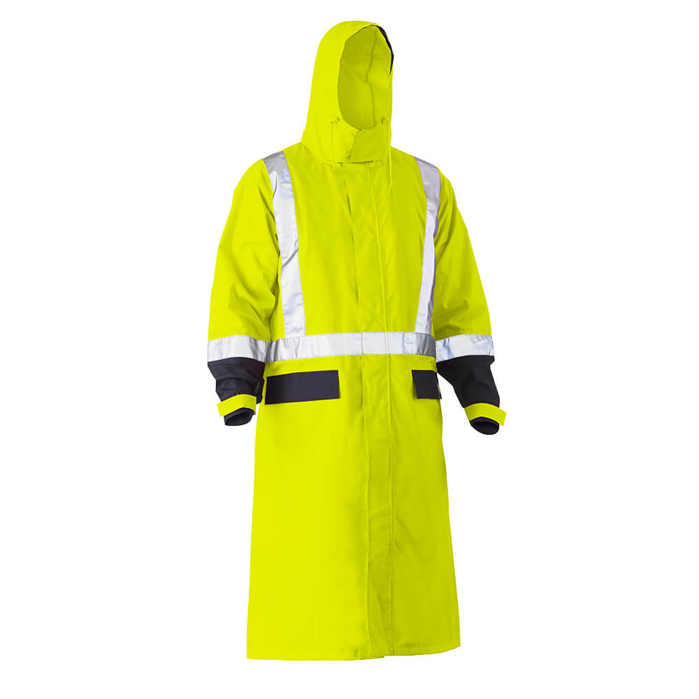 Bisley BJ6961T Hi-Vis Taped Long Rain Coat Yellow Navy front with hood up
