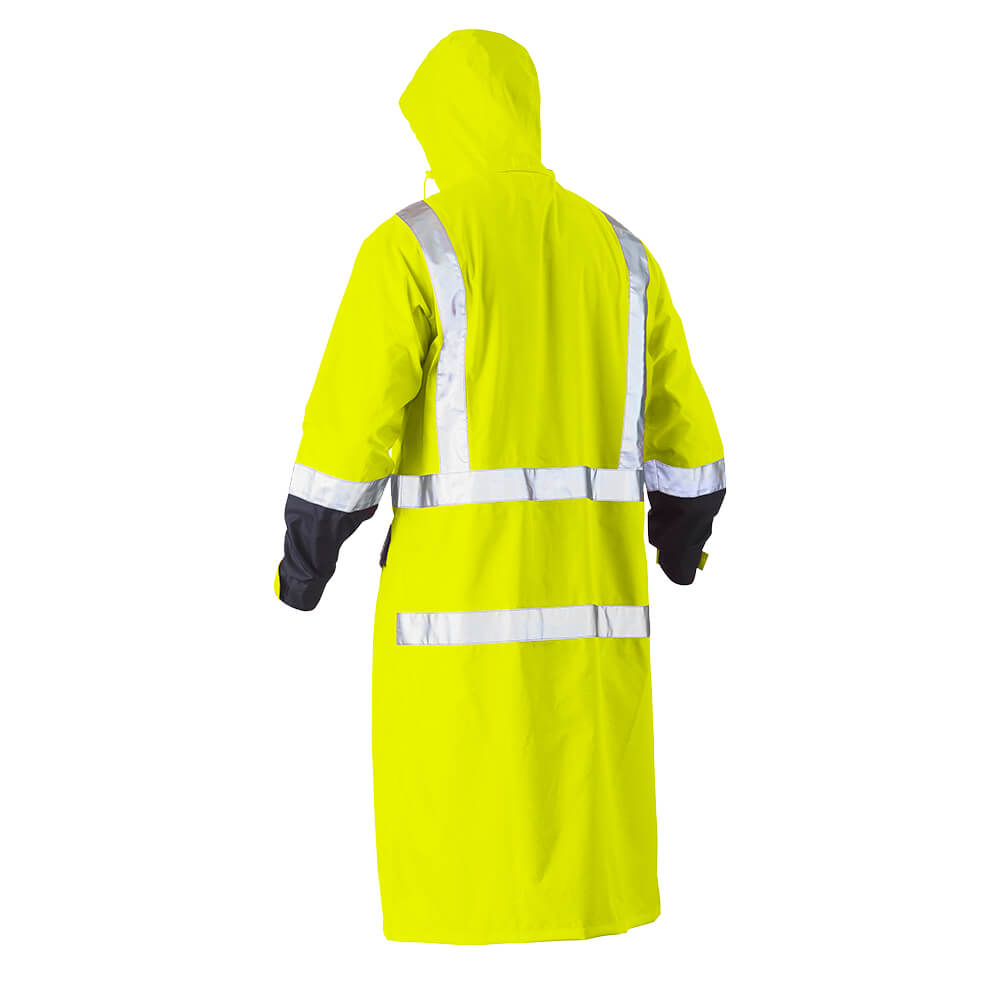 Bisley BJ6961T Hi-Vis Taped Long Rain Coat Yellow Navy back with hood up