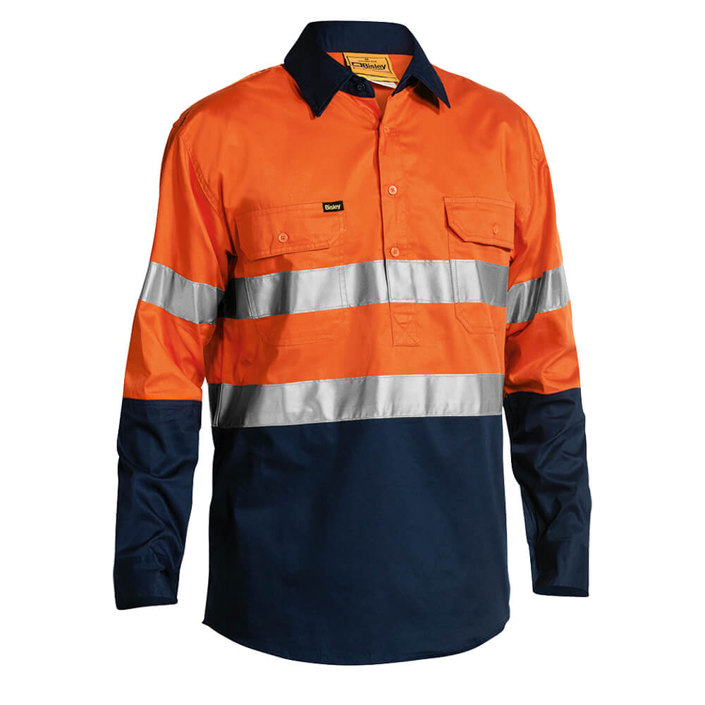 Bisley BSC6896 Hi-Vis Taped Closed Front Shirt Long Sleeve Orange/Navy