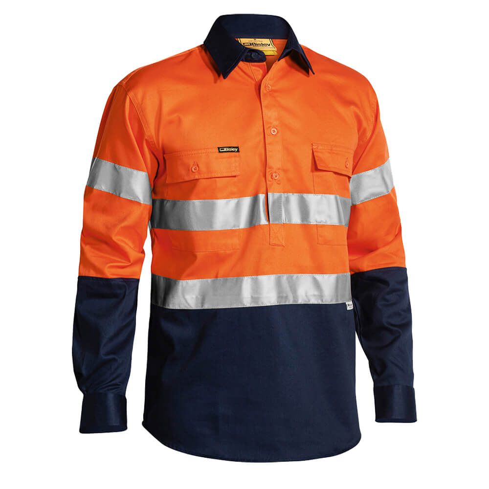 Bisley BTC6456 Hi-Vis Taped Closed Front Shirt Long Sleeve Orange/Navy