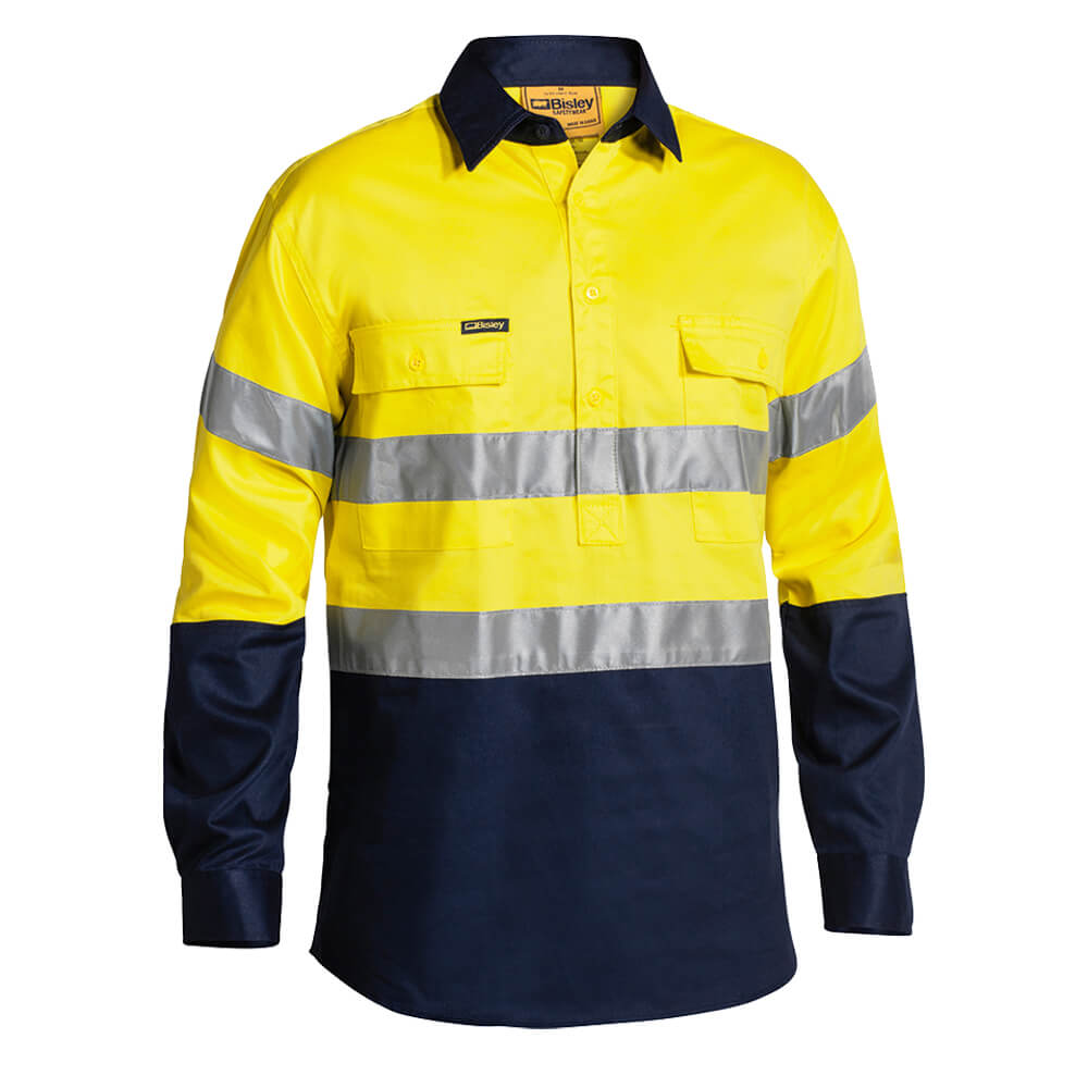Bisley BTC6456 Hi-Vis Taped Closed Front Shirt Long Sleeve Yellow/Navy