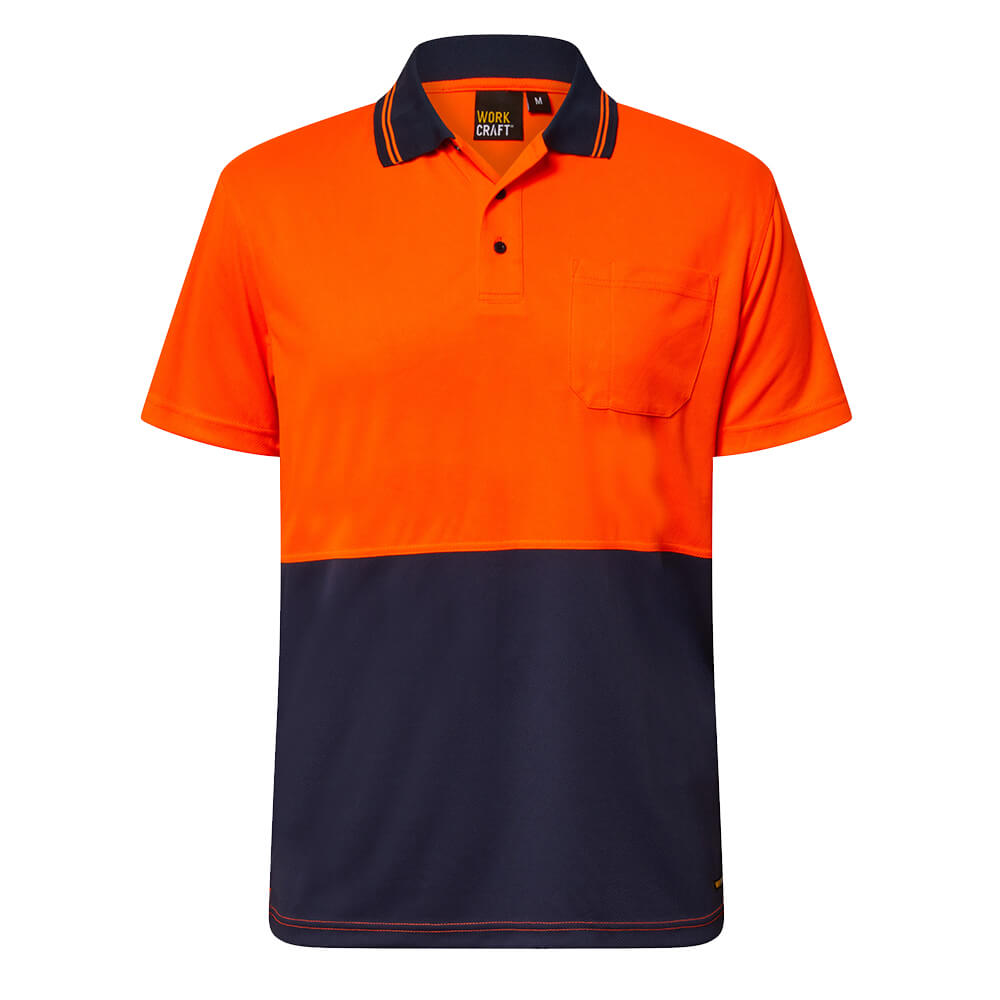 WorkCraft WSP208 Hi-Vis Lightweight Micromesh Polo Short Sleeve Orange/Navy Front
