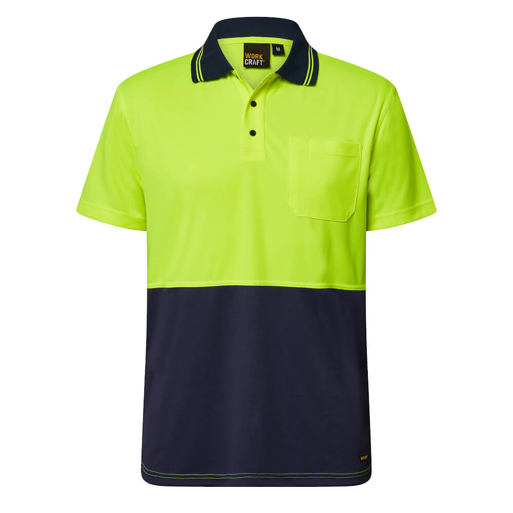 WorkCraft WSP208 Hi-Vis Lightweight Micromesh Polo Short Sleeve Yellow/Navy Front