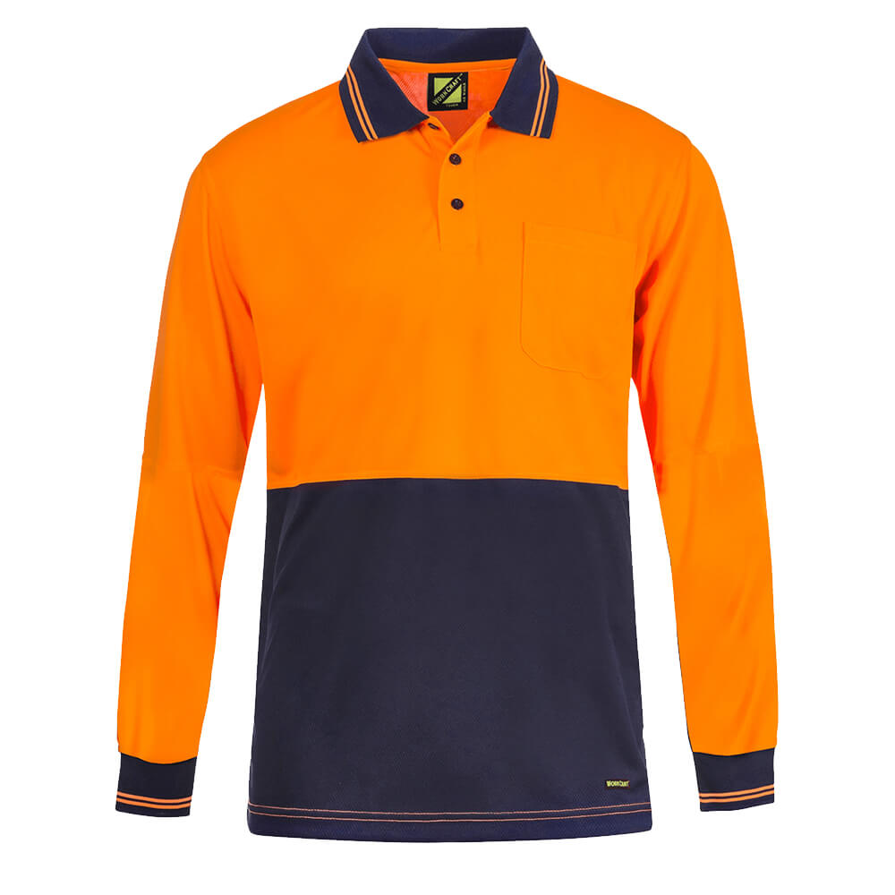 WorkCraft WSP209 Hi-Vis Lightweight Micromesh Polo Long Sleeve Orange Navy