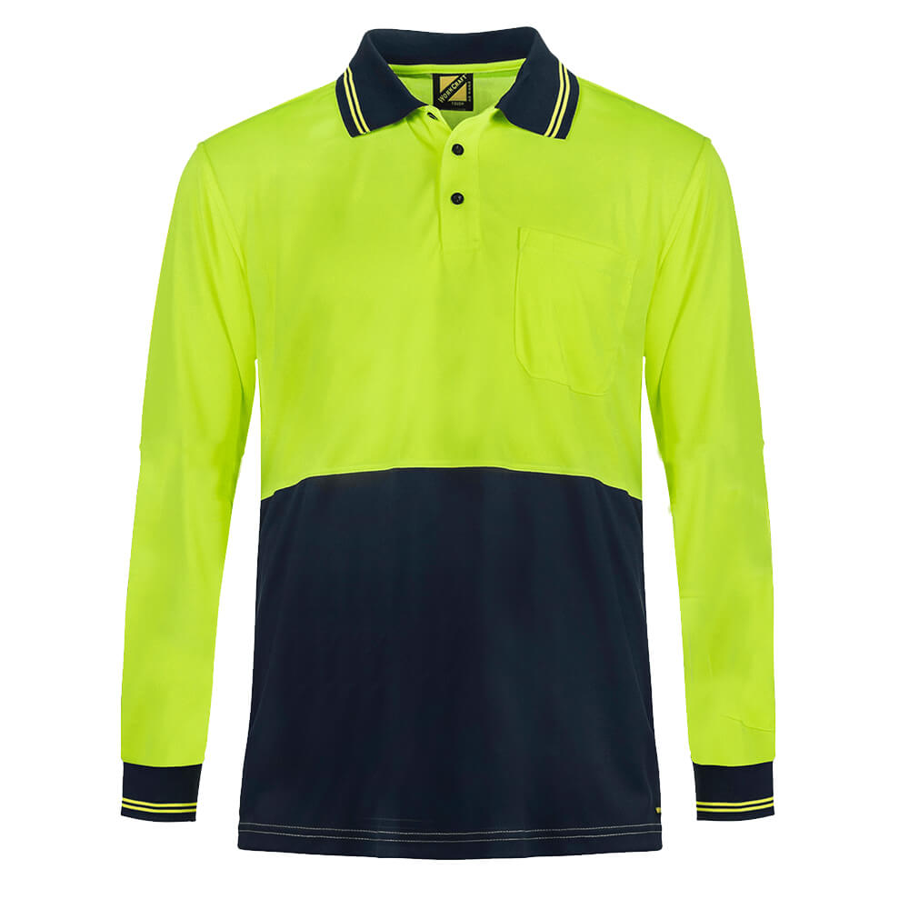 WorkCraft WSP209 Hi-Vis Lightweight Micromesh Polo Long Sleeve Yellow Navy