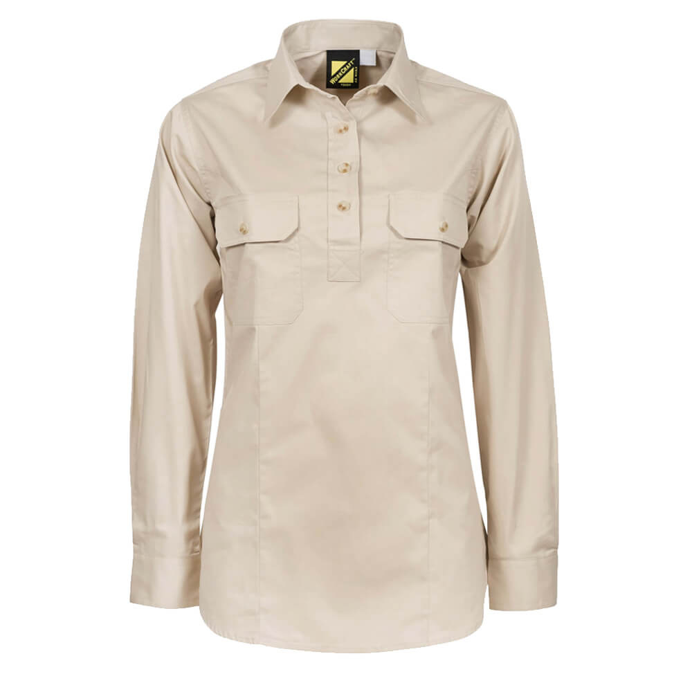 WorkCraft WSL505 Ladies Half Placket Shirt Cream Front